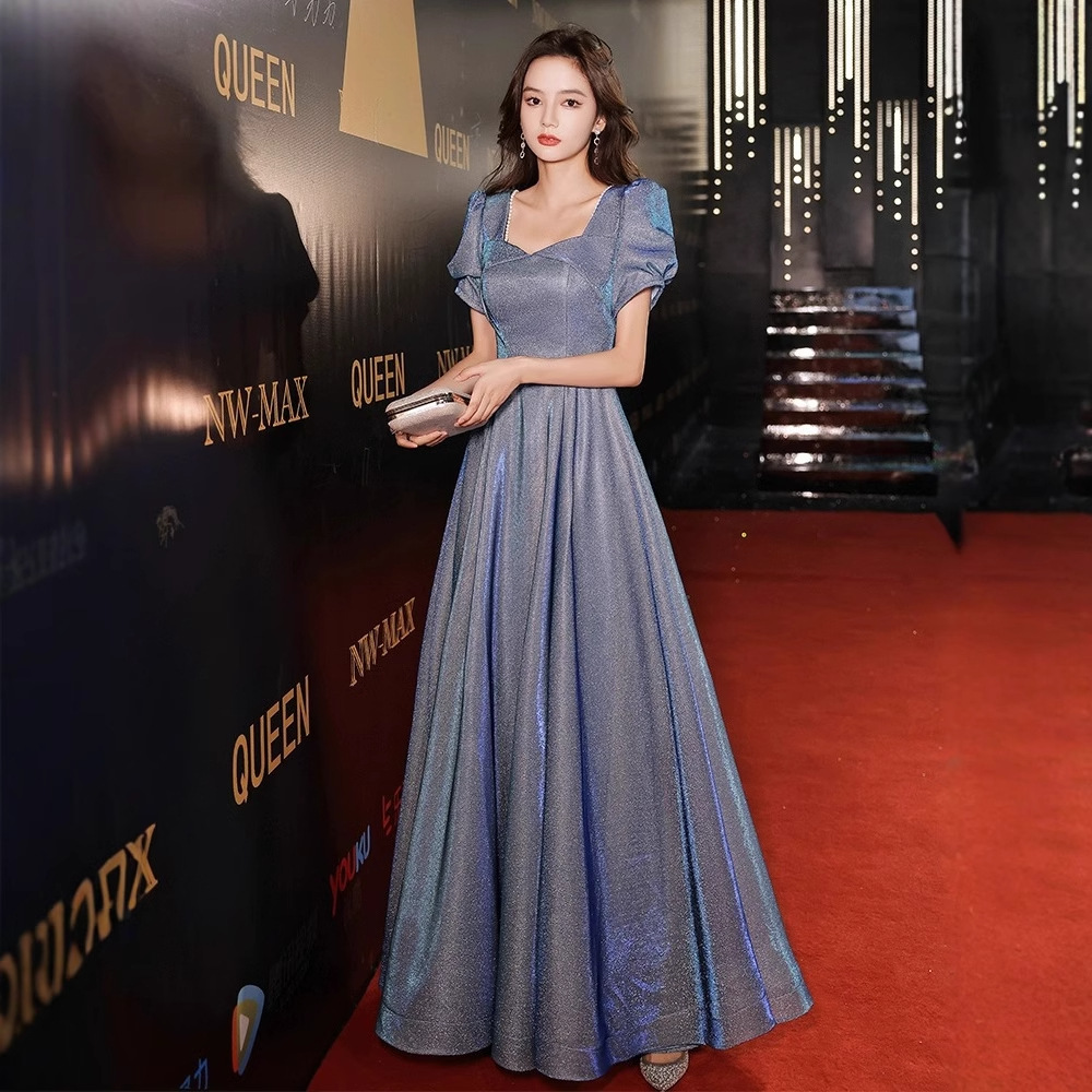 Azul vestido de noche de las mujeres banquete temperamento Socialite luz nicho de lujo de gama alta de alta gama sentido EXAMEN DE ARTE cielo estrellado anfitrión REUNIÓN ANUAL