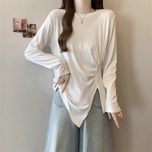大码韩版设计感不规则长袖上衣女秋冬胖MM收腰显瘦百搭洋气打底衫