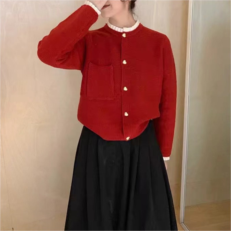 红色针织开衫女韩系温柔风蕾丝花边拼接短款休闲时尚毛衣外套上衣