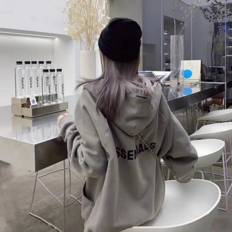 Trendy Brand Essentials Sweatshirt American High Street Style Zip-Up Hoodie Couple Loose Fit Fleece-Lined Hooded Couple Style