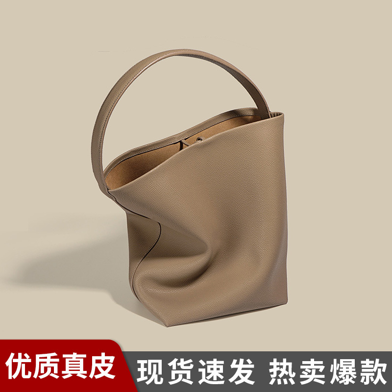 Bolsa de cubo de piel de vaca suave de las mujeres de Cercanías de gran capacidad de moda simple hombro de la axila bolsa grande de cuero genuino bolso de las mujeres de moda al por mayor