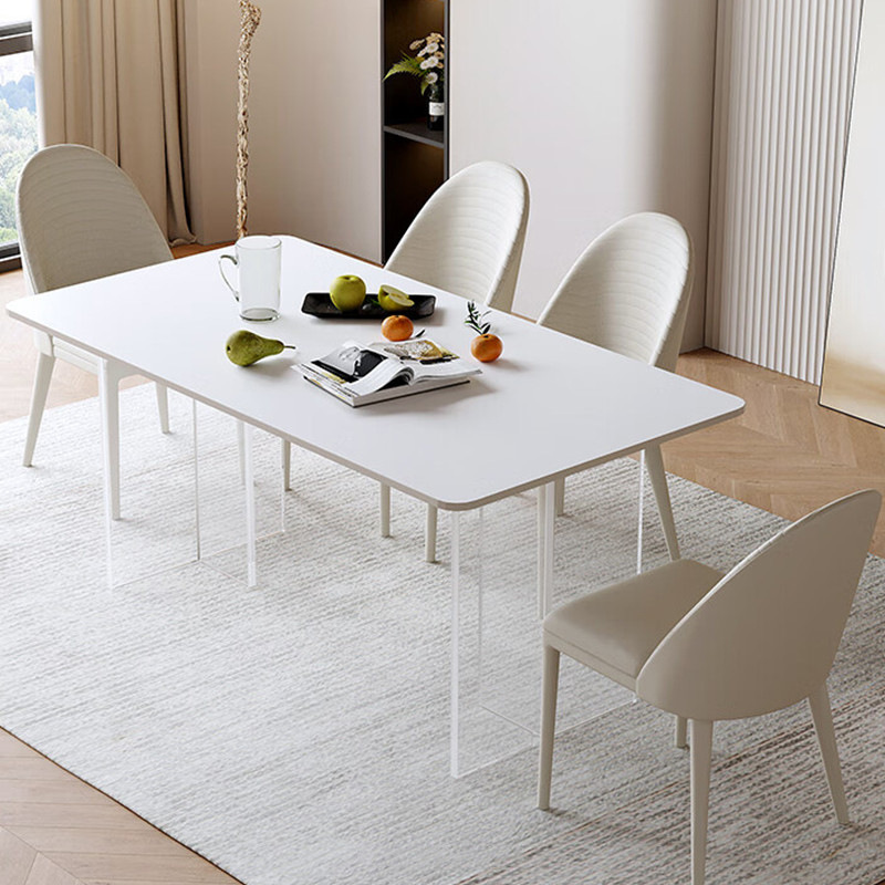Acrílico roca placa mesa de comedor crema estilo hogar pequeño apartamento moderno simple luz de lujo rectangular mesa de comedor familiar