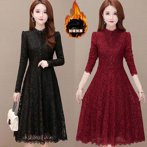 Winter and Spring New Fleece and Thick Lace Dress for Petite Women, Cold-Proof and Warm, Complements Overcoat as Base Layer Skirt