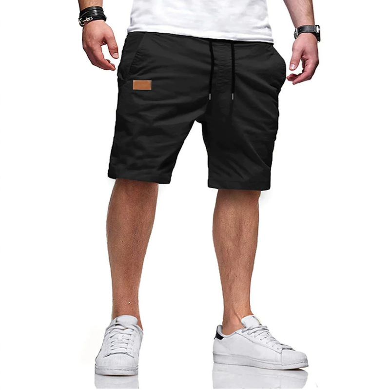 Cross-border Amazon American-style new commuter sports men's leather label shorts, casual and comfortable solid color cotton pants Cross-border Amazon American-style new commuter sports men's leather label shorts, casual and comfortable solid color cotton pants