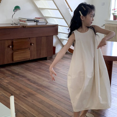 ins風女童時尚繭型開叉背心長裙2024春夏季新款兒童連衣裙氣質裙