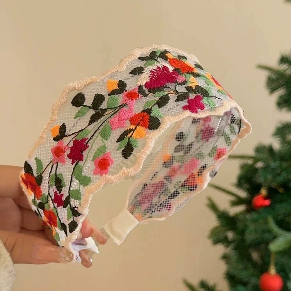 Headband, embroidered Chinese-style floral fresh hair accessory, universal fit, 8×8×1 cm