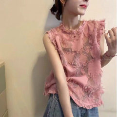新中式无袖T恤上衣薄款女士洋气纯色木耳边小衫百搭休闲打底衫女