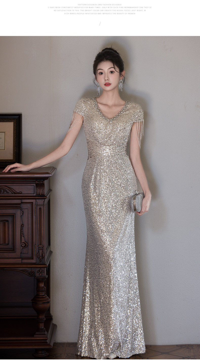 Elegant Silver Sequin Fringe Evening Gown, Mermaid Tail Dress For Formal Banquets, Hosting, Gala Dinners, Pageants_ecoleips.com