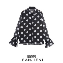 ZR外贸批发 欧美风 女装 时尚气质百搭小众波点雪纺印花长袖衬衫