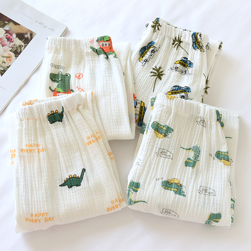 Summer and Autumn Children's Pure Cotton Gauze Mosquito-Proof Pajamas for Boys, Bubble Cotton Home Pants, Baby Parental Air Conditioning Pants