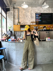 アメリカンレトロなサスペンダーワンピースパンツ、女性用夏のダメージ加工スリムジーンズ、ハイウエストワイドレッグフロアレングスパンツ