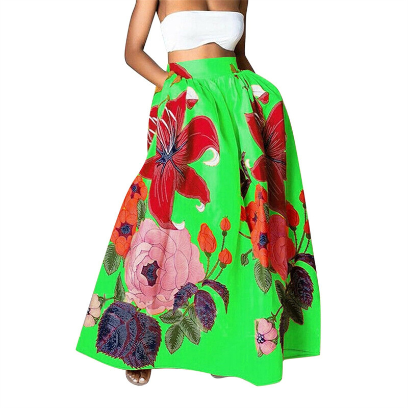 European And American Cross-border Foreign Trade Women's Skirt, Bohemian Floral Loose High-waisted Holiday Flared Pocket_ecoleips.com