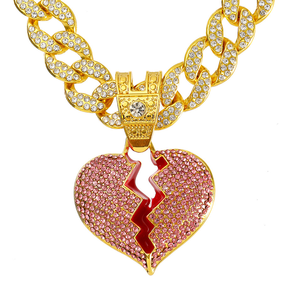 Diamond Broken Heart Necklace With Pink Crystals For Unisex_voghion.com