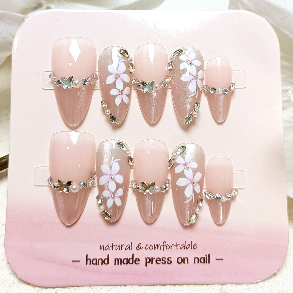 Juego de 10 pegatinas para uñas cortas en forma de almendra, puntas de uñas cortas con diseño floral blanco, uñas postizas con efecto ojo de gato y diamantes de imitación hechas a mano.