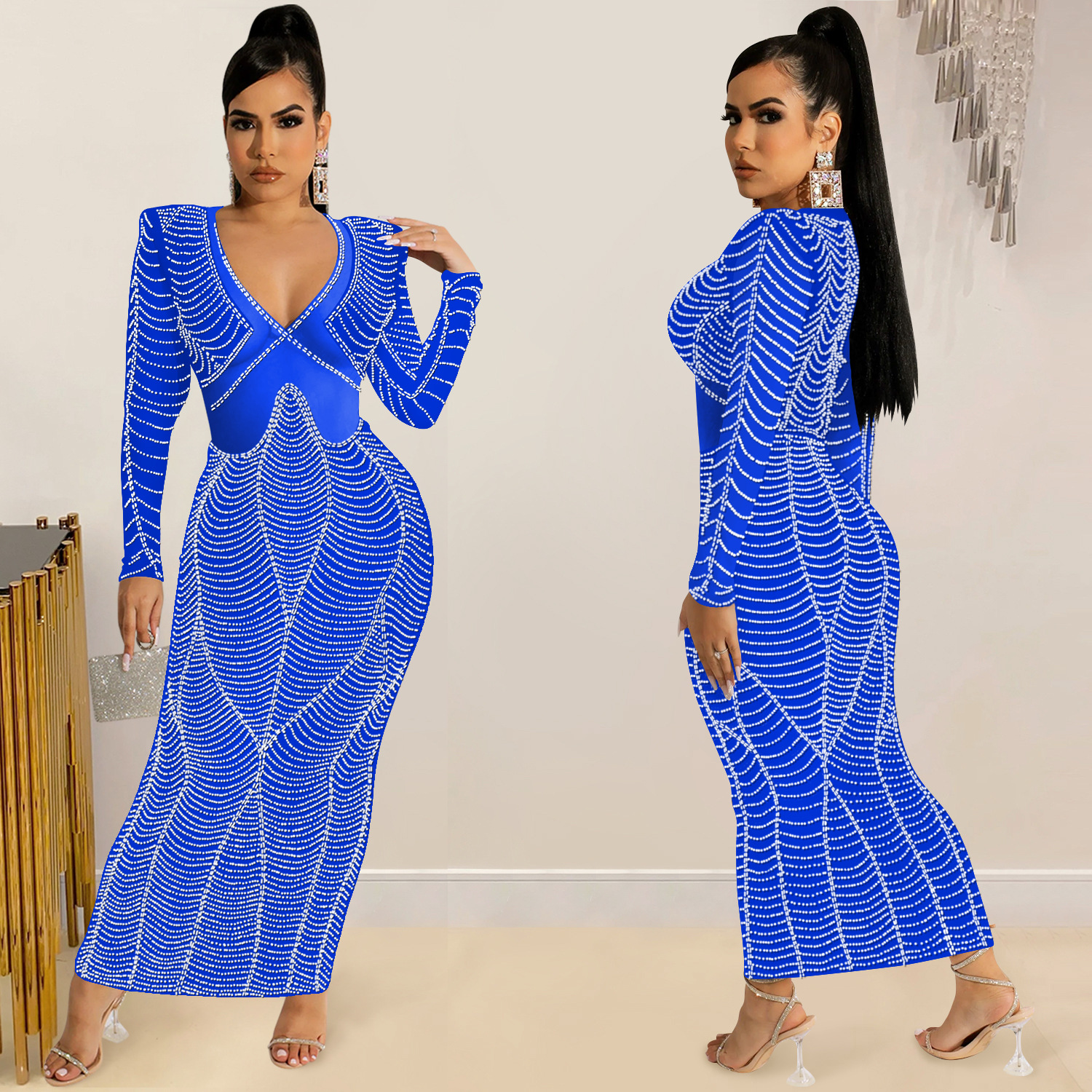 C5912 AliExpress Amazon Europa y América sexy discoteca rhinestone malla perspectiva V-cuello Vestido de manga larga vestido mujeres