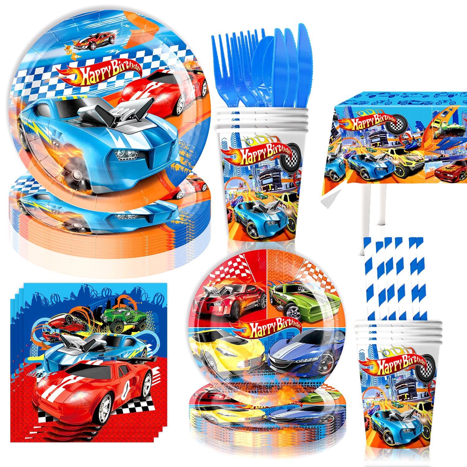 Amazon Hot Sale Hot Wheel Racing Theme Party Party cubiertos bandejas de papel tazas de papel bandejas de tracción