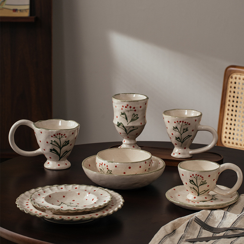 Meijiahui Hand-Kneaded Ceramic Coffee Cup and Saucer Set Green Leaves Red Flowers Tea Cup Dishes Plate Mug Tableware