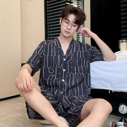 Summer Silk Pajamas Short-sleeved Cardigan Pajamas Woven Cotton Men's Plaid Loose Casual Men's Home Clothes