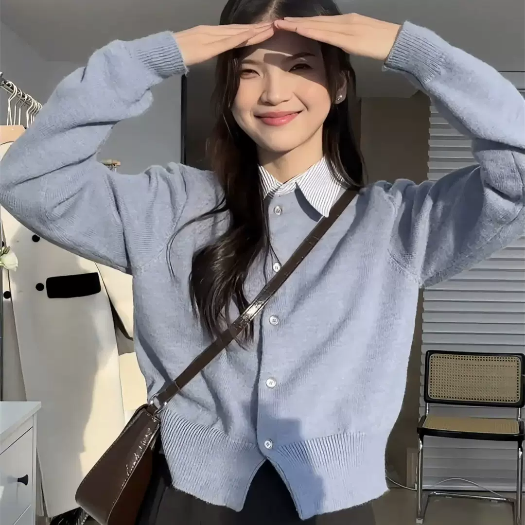 设计感气质翻领假两件毛衣针织衫女2025新款早秋长袖内搭打底上衣