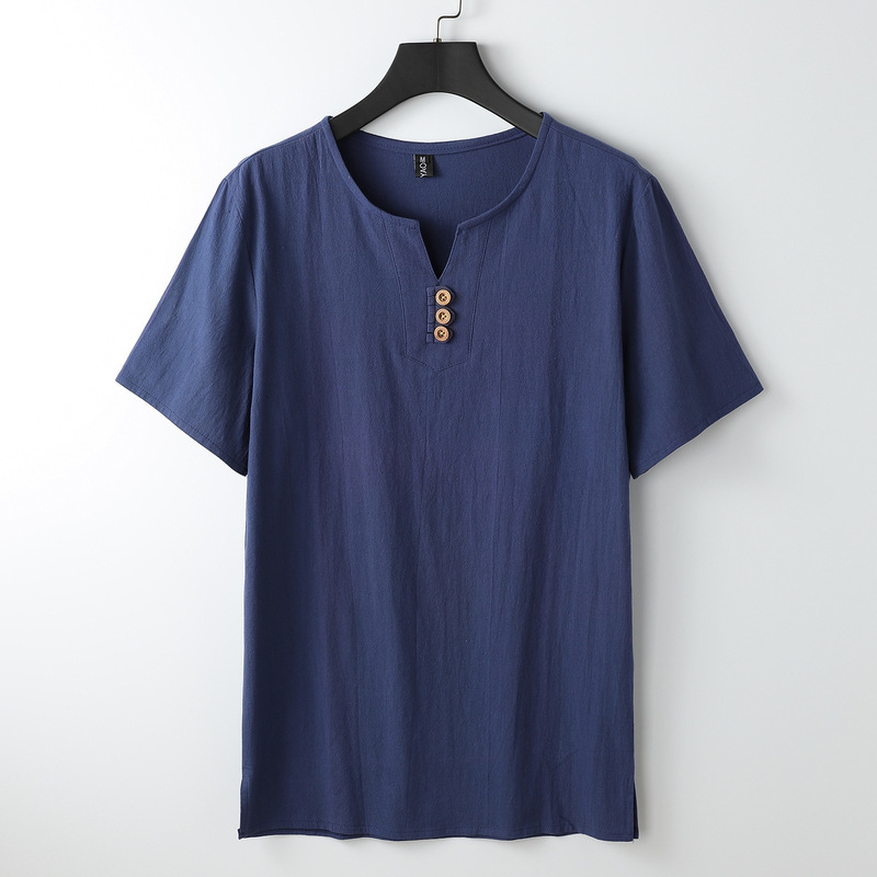 リネン Tシャツメンズ半袖夏ルーズメンズ中国風綿とリネン半袖トレンディな中国風メンズボタンダウントップ|undefined