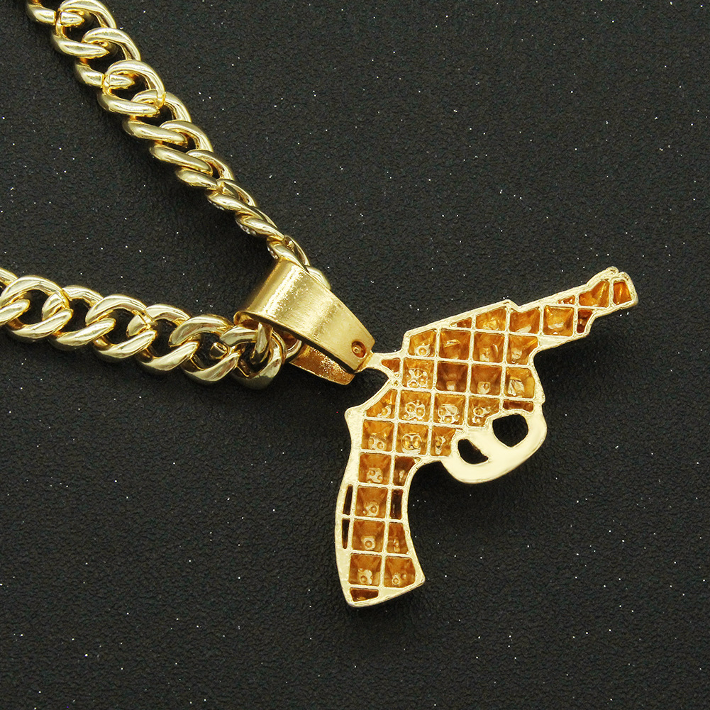Fashion Full Diamond Gun Pendant Cuban Chain Alloy Necklace display picture 5