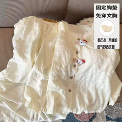 开衫睡衣秋季新款带胸垫女士云朵棉甜美清新纯色蕾丝家居服套装