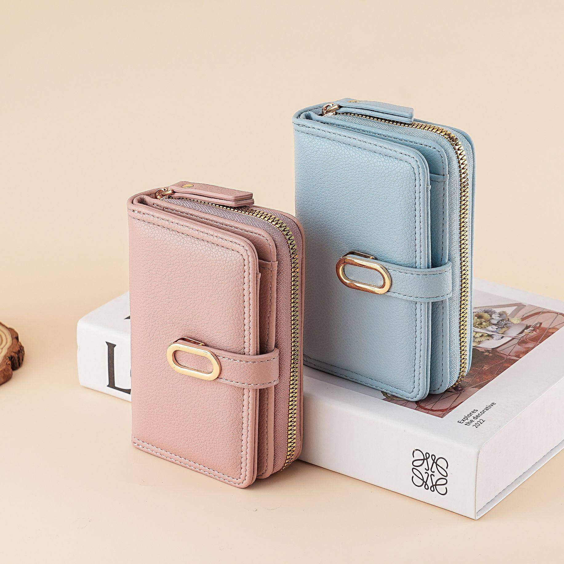 Monedero simple para damas corto y compacto multi-tarjeta bolso de tarjetas plegables 2 en 1 bolso de cambio de lichi patrón billetera estudiantil