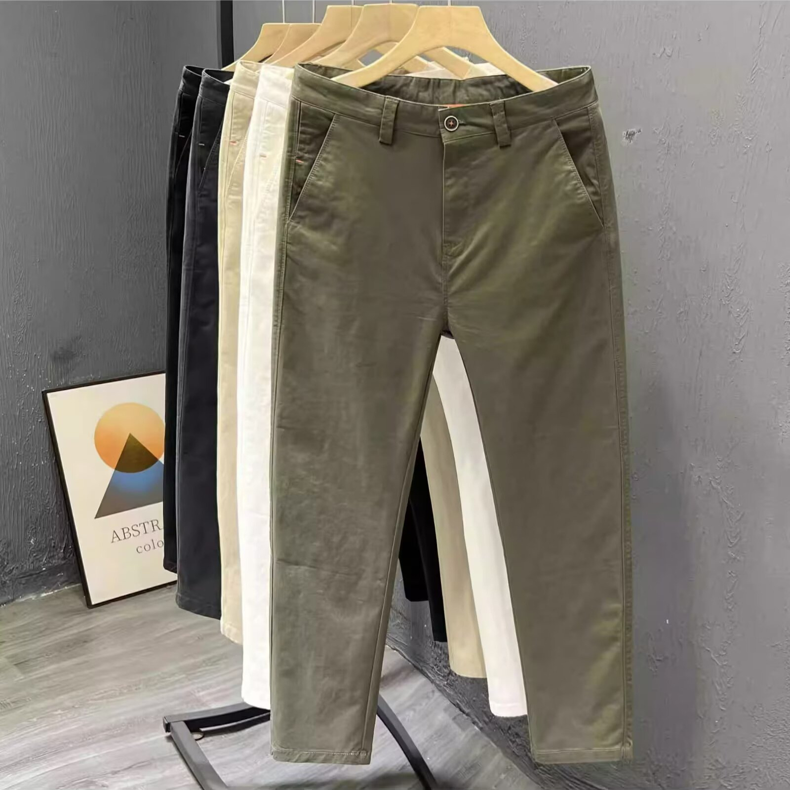 春秋跨境款直筒布裤男士休闲裤宽松弹力包边洗水纯棉裤子潮流男裤