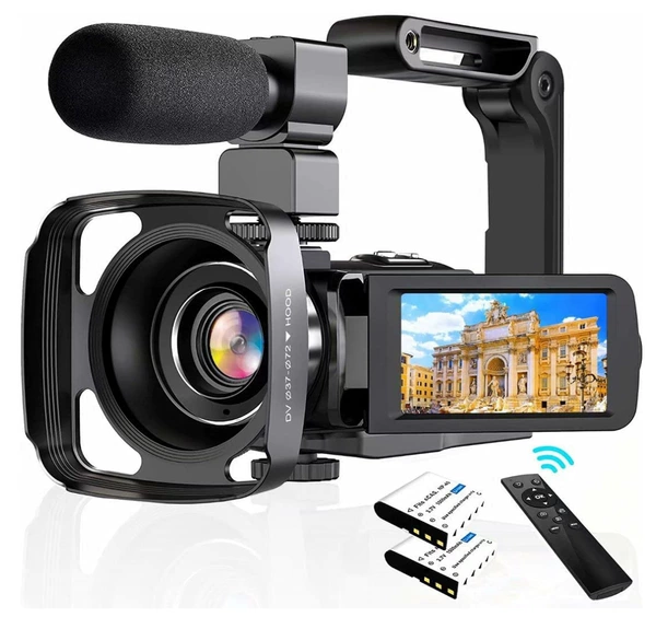 Black wide-angle lens, handheld microphone, 1x