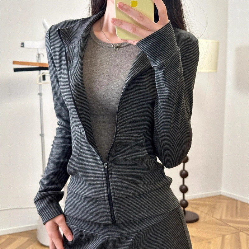 Gray Striped Sweatshirt Jacket Women Slim Top Korean Style Casual Pants Set Autumn Winter 2025 New Old Money Style