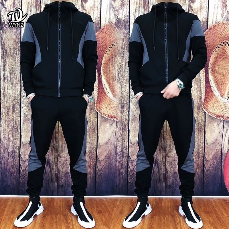 Moda de primavera y otoño para hombres, cómodo y transpirable de dos piezas, top de cuello alto con costuras, traje deportivo casual delgado coreano, guapo