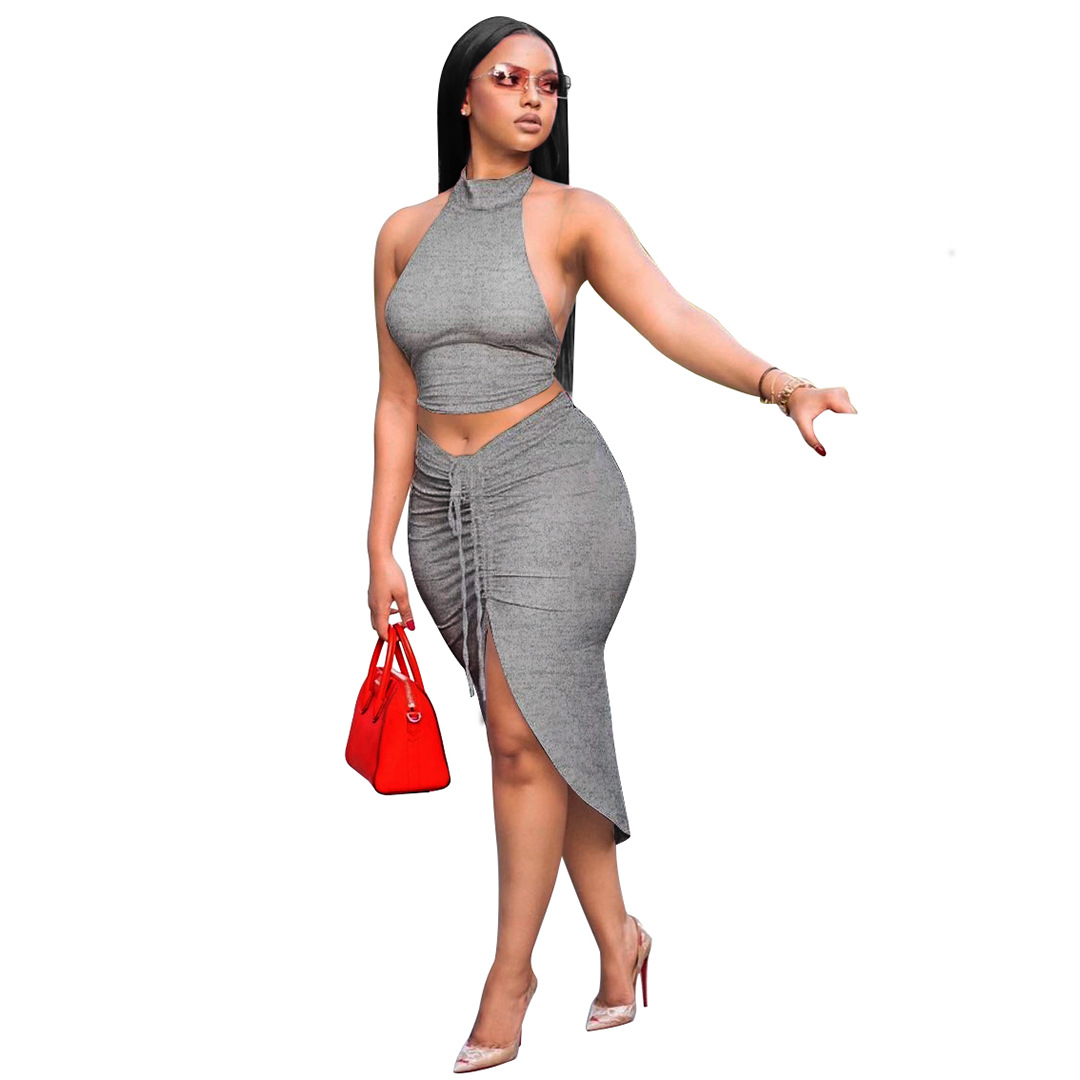 Summer Women Clothing Solid Color round Neck Cropped Backless Top Drawstring Mid Length Dress Set