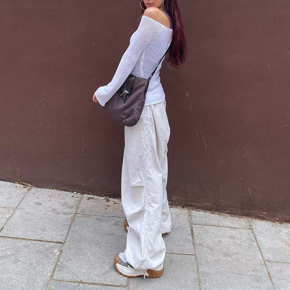 Vår/sommar 2024 Nya heta tjej-arbetskläder med resårband och dragsko, trendiga låg midjade vida ben, vardagsbyxor_voghion.com