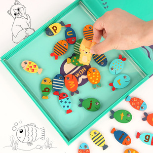 Early Education Wooden Multifunctional Magnetic Fishing Children's Enlightenment English Spelling Word Letter Cognitive Interactive Toy Cross-Border