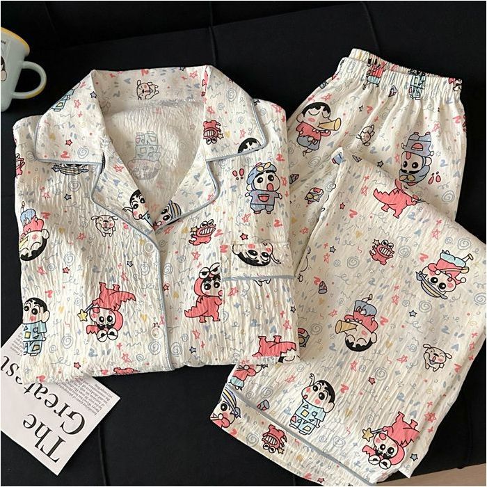 Venta al por mayor transfronteriza nuevo pijama de algodón de nube cárdigan de dibujos animados para mujer pantalones lindos de manga larga traje de servicio a domicilio de primavera y otoño