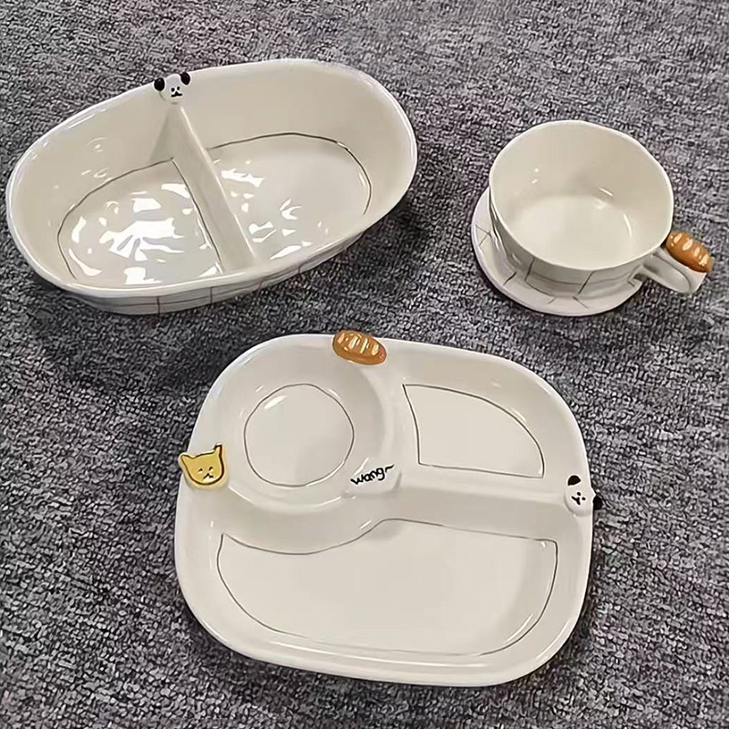 New Ins Simple Button Puppy Series Dining Plate Coffee Cup Saucer Sala Plate Household Children's Dining Plate