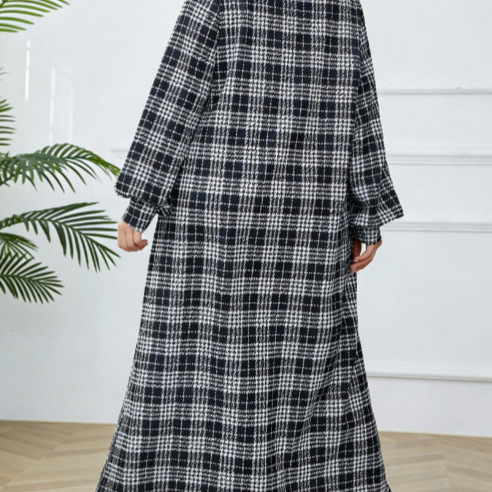 Cross-border Middle Eastern Muslim Women's Black And White Plaid Robe, Loose Plus-size Round-neck Long Dress Abaya_ecoleips.com