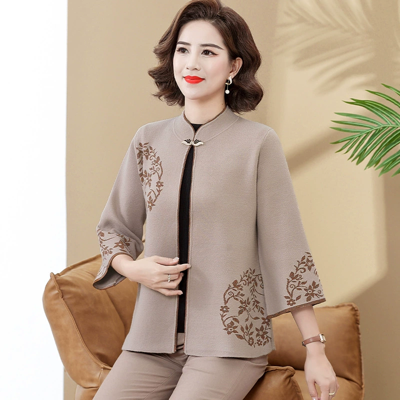 Модный осенний вязаный кардиган для женщин среднего возраста, весенний, осенний, зимний топ-шаль, модная повседневная куртка для женщин среднего и пожилого возраста.