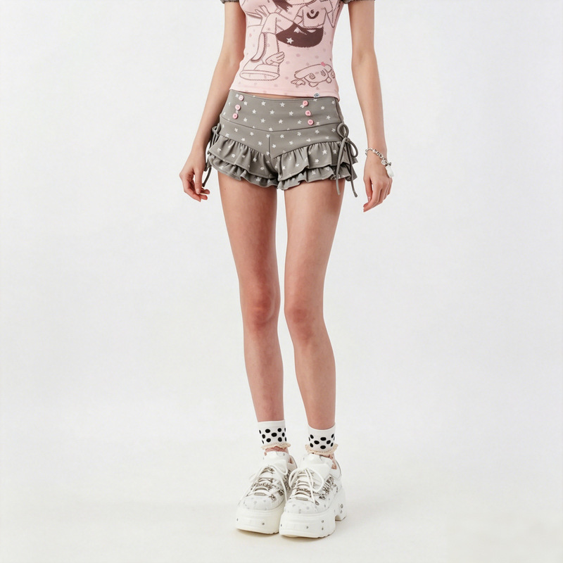 Retro Punk Low-Waist Double-Breasted Double-Sided Drawstring Double-Layer Ruffle Full-Print Star Pattern Anti-Exposure Short Skirt Pants for Women