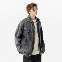 国潮水洗いレトロ古いカウボーイコート男春秋新作カップルヒップホップゆるいカジュアルスタンド襟ジャケット