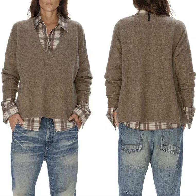 Deep V Loose Sweater Thin Cashmere Pullover Sweater Black/Khaki