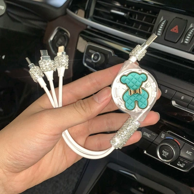 drag three multi-function telescopic three-in-one – Mobil şarj cihazları - light-blue-alloy-bear-data-cable