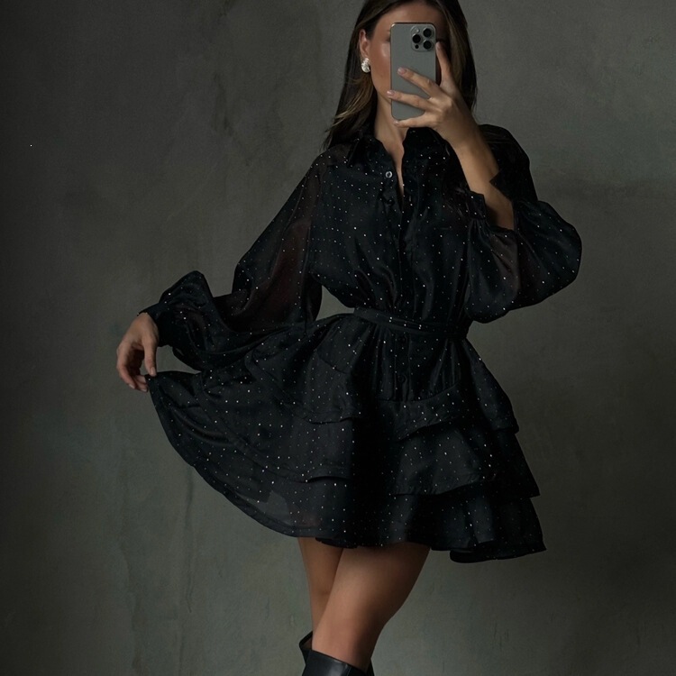 Casual Fashion Black Diamond-Embellished A-Line Dress for Women 2025 Autumn New Style Lapel Long-Sleeved High-Waisted Puffy Skirt Casual Fashion Black Diamond-Embellished A-Line Dress for Women 2025 Autumn New Style Lapel Long-Sleeved High-Waisted Puffy Skirt