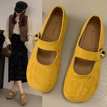 复古森系真皮一字扣带奶奶鞋女2025年新款可爱圆头玛丽珍平底单鞋