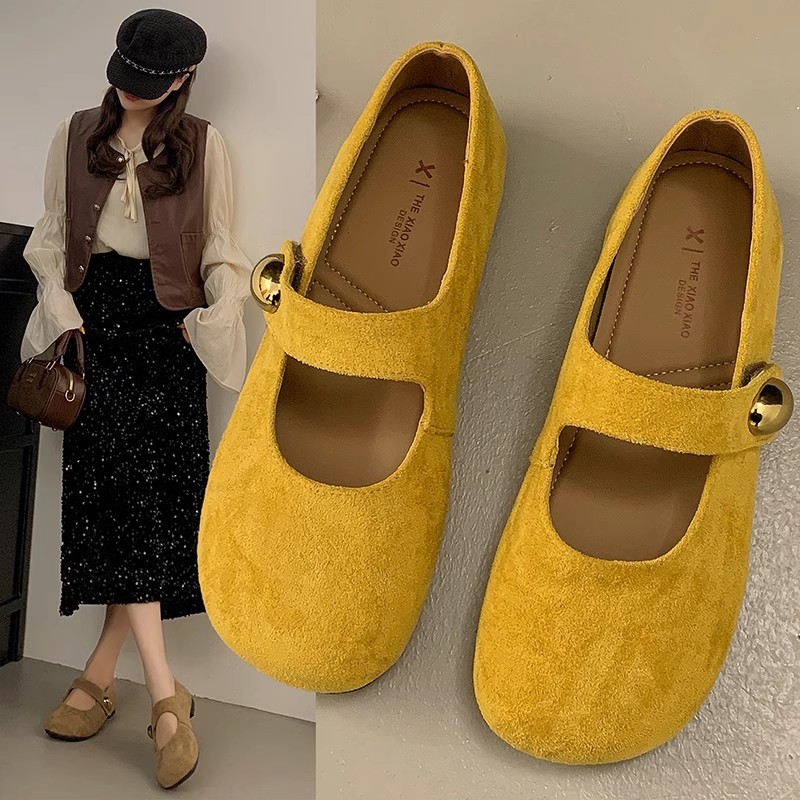 复古森系真皮一字扣带奶奶鞋女2025年新款可爱圆头玛丽珍平底单鞋