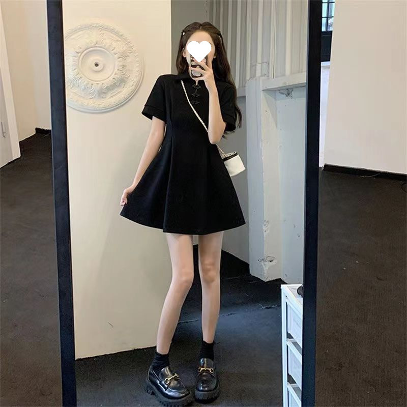 新しい中国風のボタン改良されたチャイナドレス女性の夏プラスサイズファットmmウエスト痩身半袖ポロカラーリトルブラックドレス|undefined
