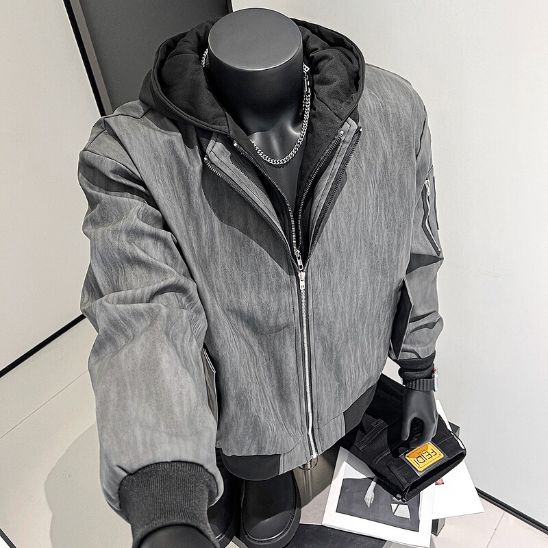 American Retro Baseball Jacket for Men and Women, Spring and Autumn Loose Short Couple Hooded Leather Texture Jacket, Faux Two-Piece Coat American Retro Baseball Jacket for Men and Women, Spring and Autumn Loose Short Couple Hooded Leather Texture Jacket, Faux Two-Piece Coat