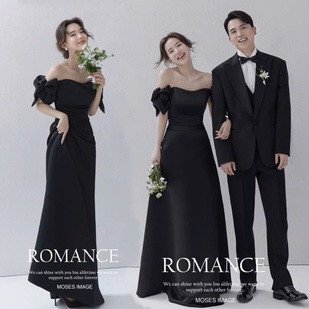 (2개) 사진 스튜디오 테마 의류 레트로 새틴 사진 블랙 웨딩 원피스 실내 커플 사진 프랑스 헵번 원피스