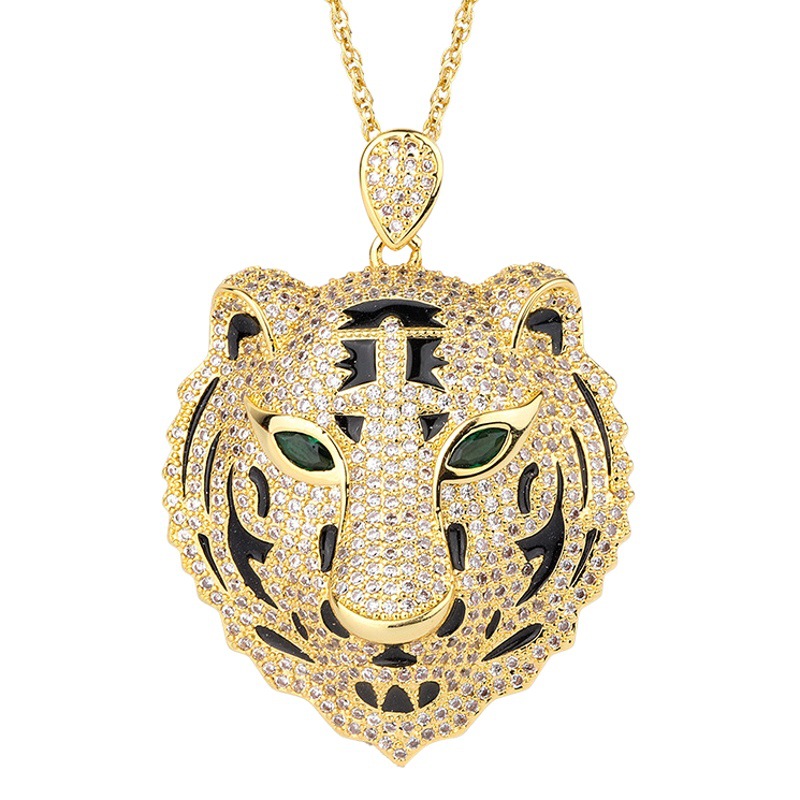 Zhuang Sheng joyería cobre inferior chapado en oro europeo y americano moda leopardo cabeza epoxi lujo incrustaciones temperamento colgante collar joyería