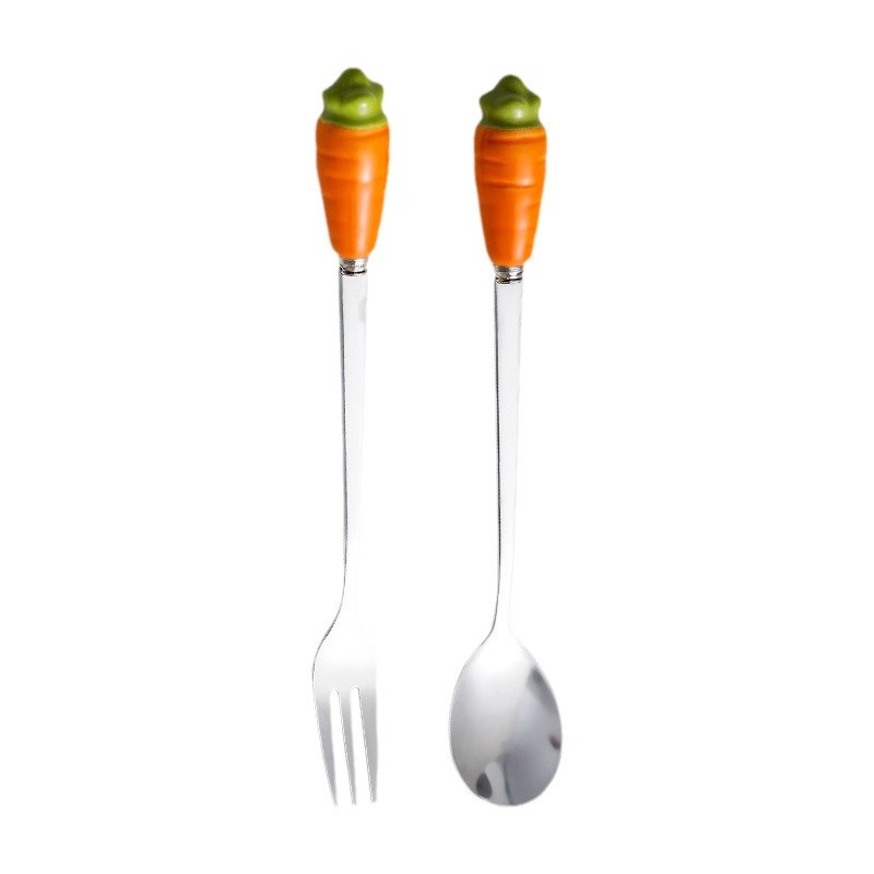 Creative personality ceramic handle small fork cartoon stainless steel fruit fork snack moon cake fork stainless steel coffee spoon